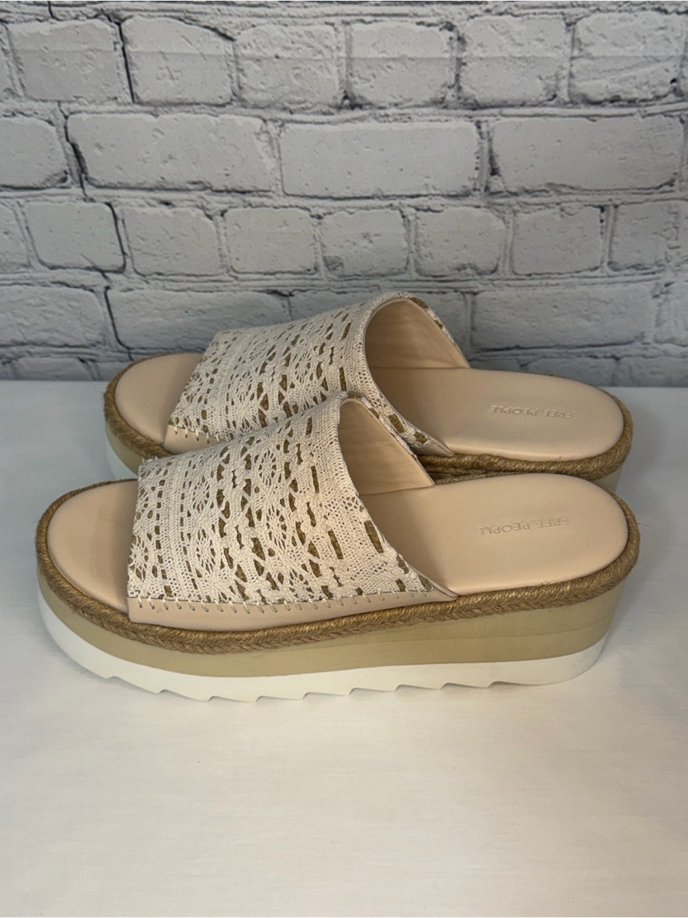 NEW Free People Crochet Platform Slide Sandals in Cream and Tan